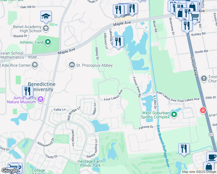map of restaurants, bars, coffee shops, grocery stores, and more near 6410 Woodsbriar Court in Lisle