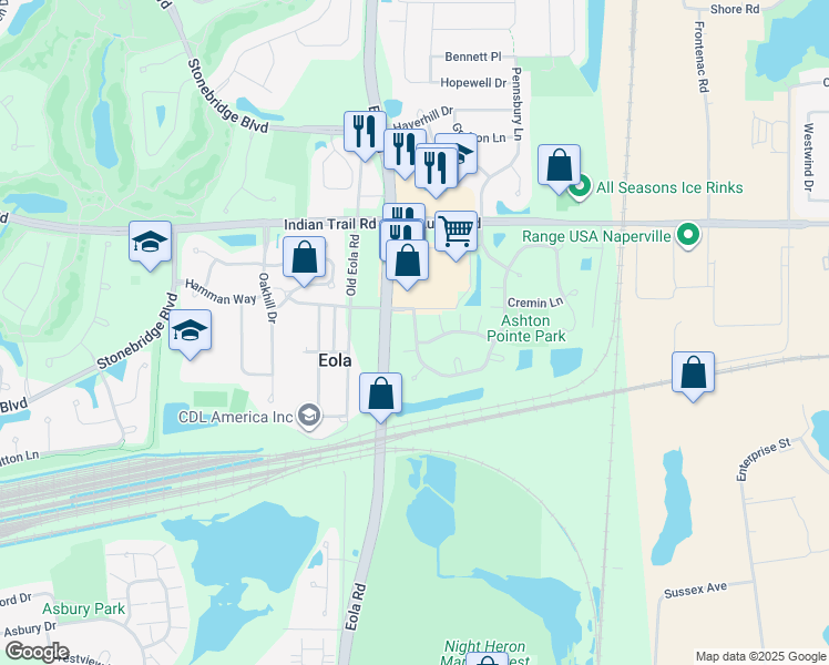 map of restaurants, bars, coffee shops, grocery stores, and more near 3105 Ollerton Avenue in Aurora