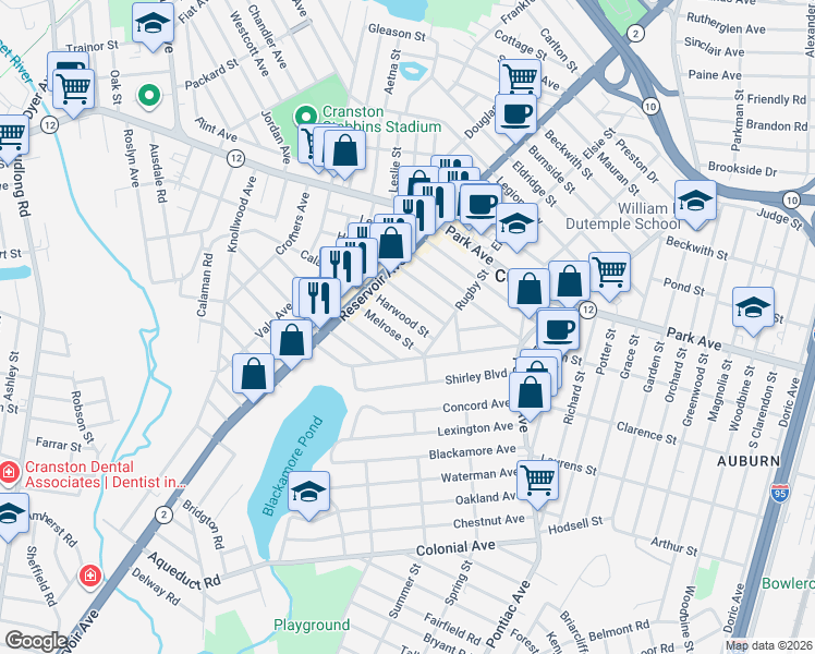 map of restaurants, bars, coffee shops, grocery stores, and more near 23 Melrose Street in Cranston
