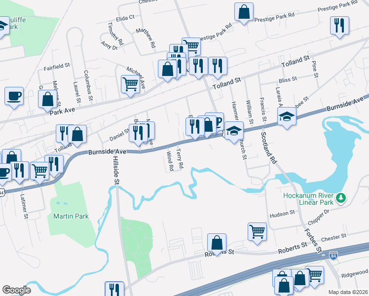 map of restaurants, bars, coffee shops, grocery stores, and more near 593 Burnside Avenue in East Hartford