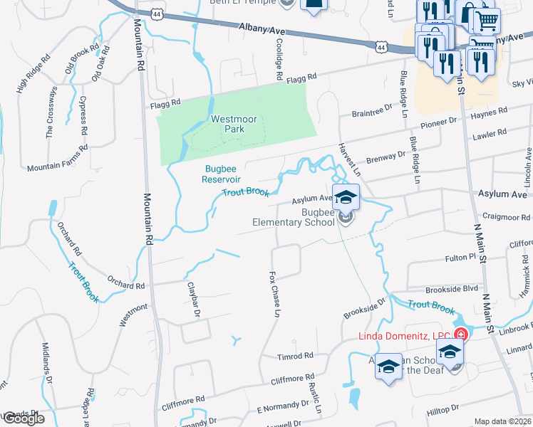 map of restaurants, bars, coffee shops, grocery stores, and more near 34 Ranger Lane in West Hartford