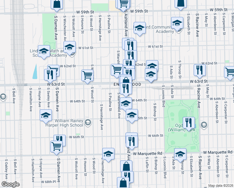 map of restaurants, bars, coffee shops, grocery stores, and more near 6348 South Marshfield Avenue in Chicago