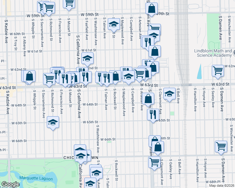 map of restaurants, bars, coffee shops, grocery stores, and more near 6338 South Rockwell Street in Chicago