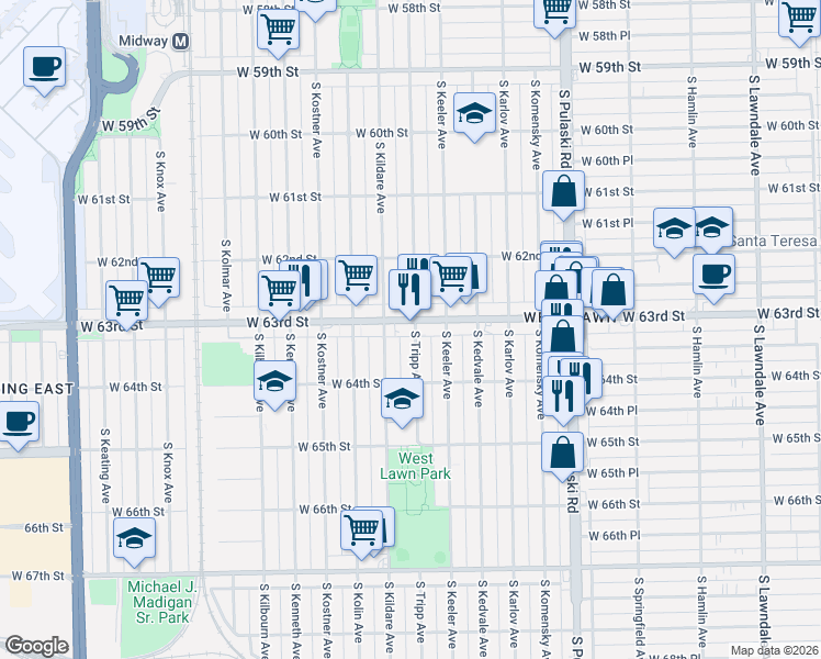 map of restaurants, bars, coffee shops, grocery stores, and more near 6314 South Tripp Avenue in Chicago