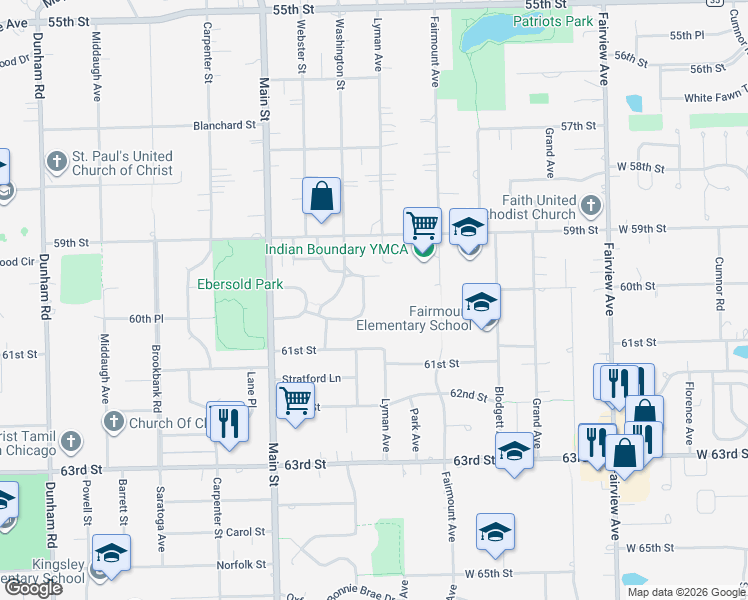 map of restaurants, bars, coffee shops, grocery stores, and more near 6028 Clyde Avenue in Downers Grove