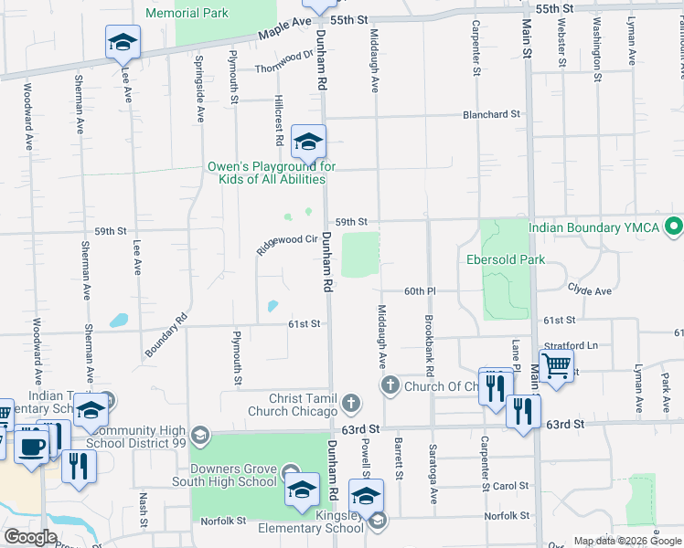map of restaurants, bars, coffee shops, grocery stores, and more near 6008 Middaugh Court in Downers Grove