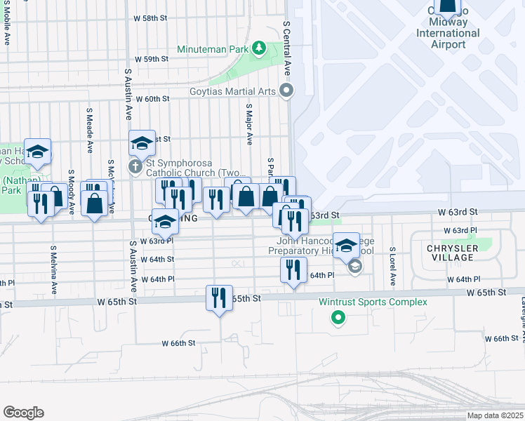 map of restaurants, bars, coffee shops, grocery stores, and more near 5646 West 63rd Street in Chicago