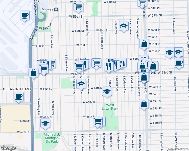 map of restaurants, bars, coffee shops, grocery stores, and more near 4337 West 63rd Street in Chicago
