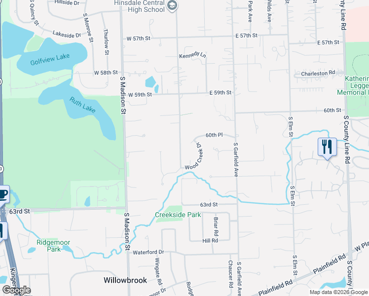 map of restaurants, bars, coffee shops, grocery stores, and more near 6100 South Grant Street in Burr Ridge