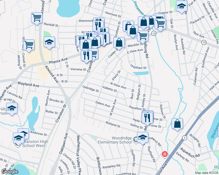 map of restaurants, bars, coffee shops, grocery stores, and more near 99 Vallette Street in Cranston