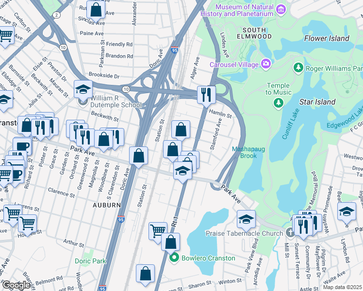 map of restaurants, bars, coffee shops, grocery stores, and more near 95 Hathaway Street in Providence