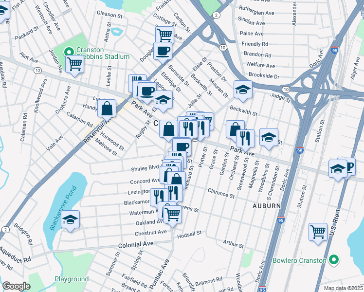 map of restaurants, bars, coffee shops, grocery stores, and more near 25 Rolfe Square in Cranston