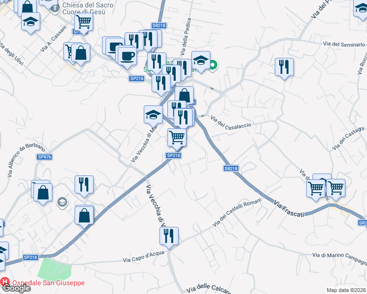 map of restaurants, bars, coffee shops, grocery stores, and more near 104 Viale Vittorio Veneto in Grottaferrata