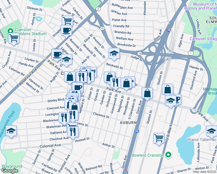 map of restaurants, bars, coffee shops, grocery stores, and more near 758 Park Avenue in Cranston