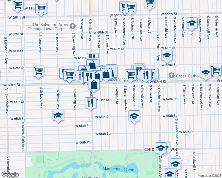 map of restaurants, bars, coffee shops, grocery stores, and more near 6333 South Albany Avenue in Chicago