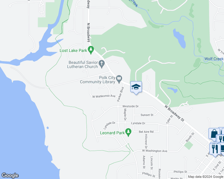 map of restaurants, bars, coffee shops, grocery stores, and more near 225 North Cherokee Drive in Polk City
