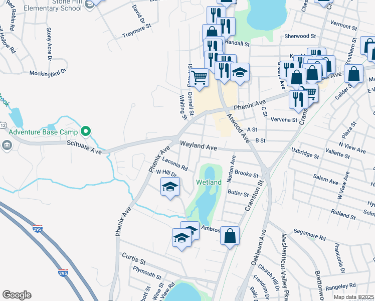 map of restaurants, bars, coffee shops, grocery stores, and more near 24 Carpathia Road in Cranston