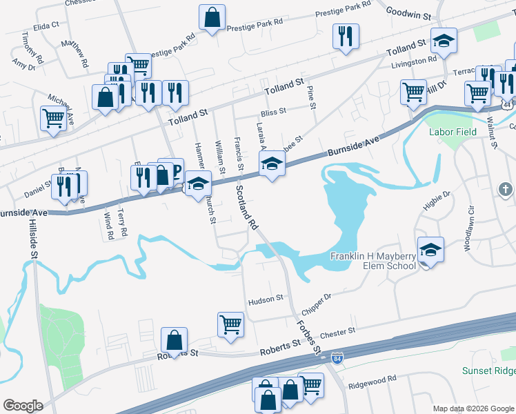 map of restaurants, bars, coffee shops, grocery stores, and more near 50 Scotland Road in East Hartford