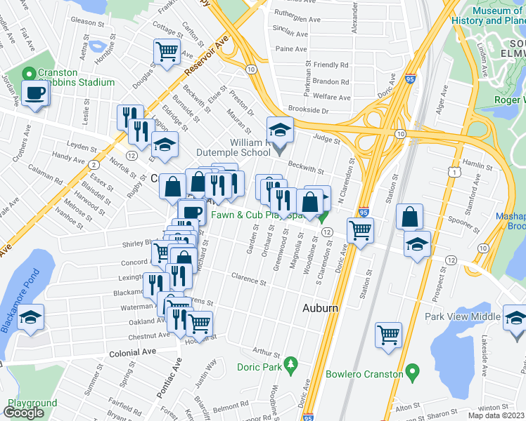 map of restaurants, bars, coffee shops, grocery stores, and more near 765 Park Avenue in Cranston