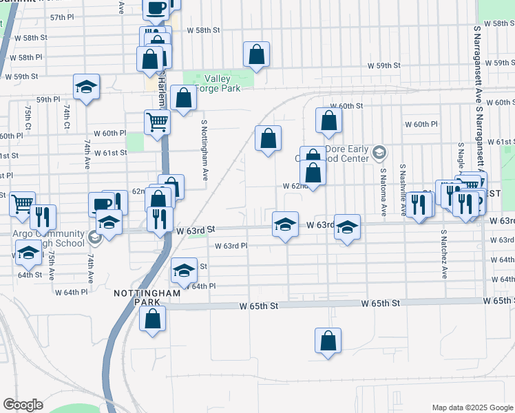 map of restaurants, bars, coffee shops, grocery stores, and more near 6245 South Newland Avenue in Chicago