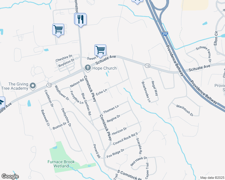 map of restaurants, bars, coffee shops, grocery stores, and more near 55 Echo Lane in Cranston