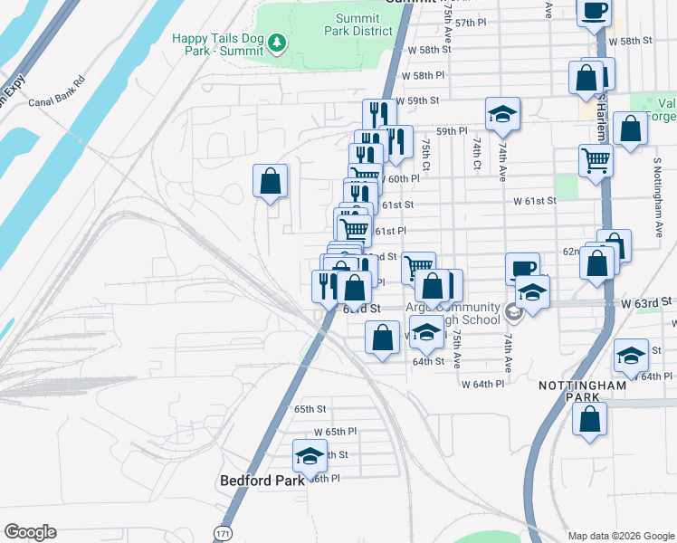map of restaurants, bars, coffee shops, grocery stores, and more near 7722 62nd Place in Summit