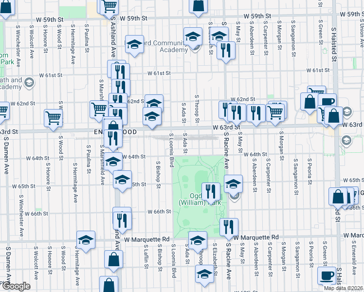 map of restaurants, bars, coffee shops, grocery stores, and more near 6338 South Ada Street in Chicago