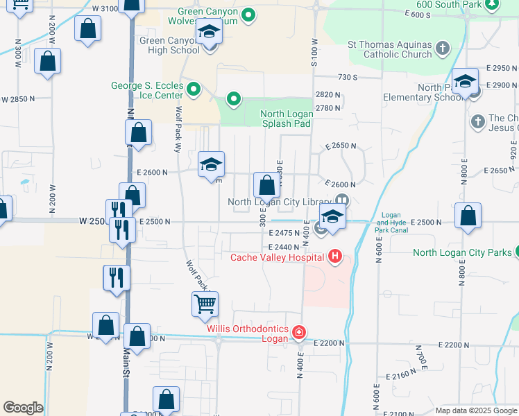 map of restaurants, bars, coffee shops, grocery stores, and more near 2529 North 300 East in North Logan