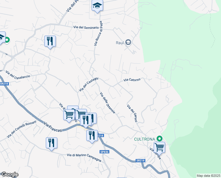 map of restaurants, bars, coffee shops, grocery stores, and more near 9 Via dei Gerani in Rocca di Papa