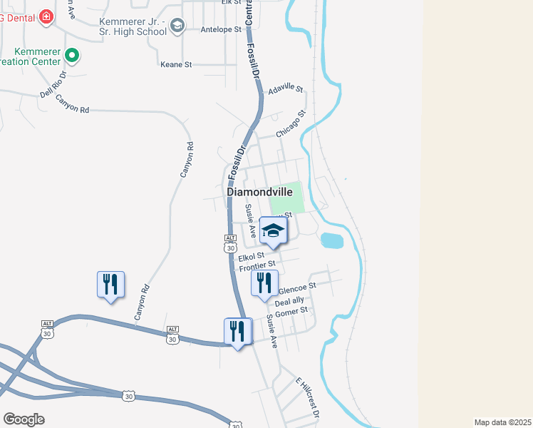 map of restaurants, bars, coffee shops, grocery stores, and more near 19-23 Conroy Street in Diamondville