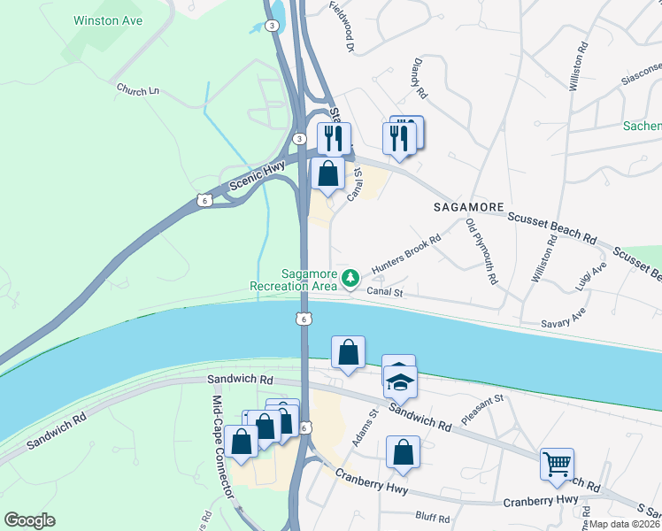 map of restaurants, bars, coffee shops, grocery stores, and more near 30 Canal Street in Bourne