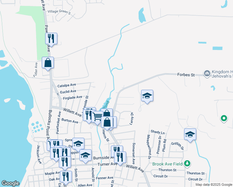 map of restaurants, bars, coffee shops, grocery stores, and more near 6 Lunn Street in East Providence