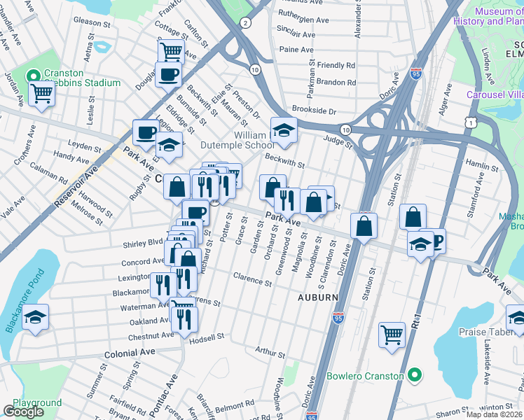 map of restaurants, bars, coffee shops, grocery stores, and more near 758 Park Avenue in Cranston