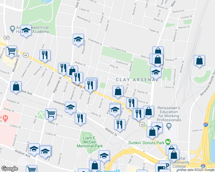 map of restaurants, bars, coffee shops, grocery stores, and more near 118 Fairmount Street in Hartford