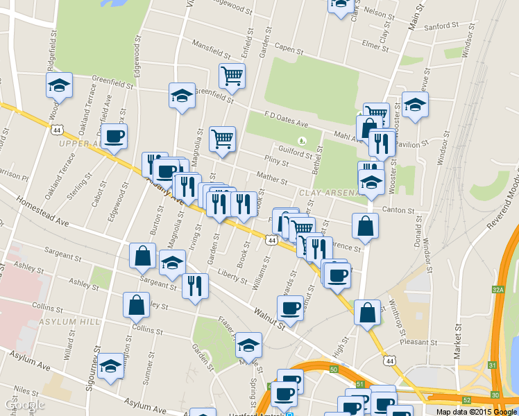 map of restaurants, bars, coffee shops, grocery stores, and more near 118 Fairmount Street in Hartford
