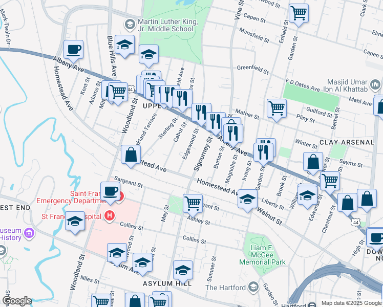 map of restaurants, bars, coffee shops, grocery stores, and more near 365 Sigourney Street in Hartford