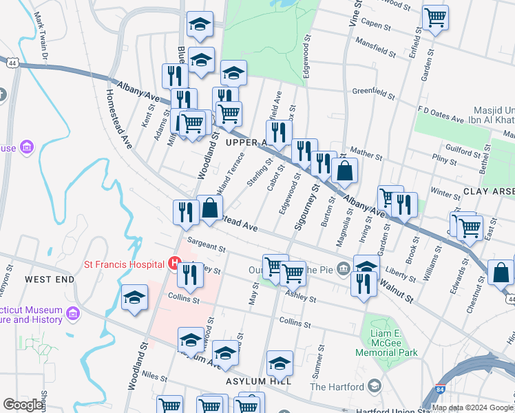map of restaurants, bars, coffee shops, grocery stores, and more near 188 Homestead Avenue in Hartford