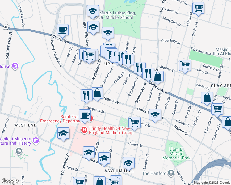 map of restaurants, bars, coffee shops, grocery stores, and more near 188 Homestead Avenue in Hartford