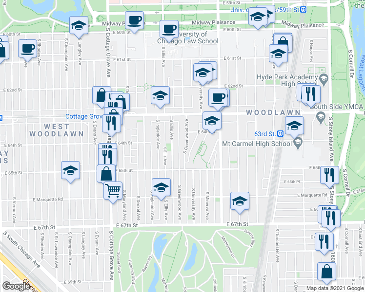 map of restaurants, bars, coffee shops, grocery stores, and more near 6421 South Ellis Avenue in Chicago