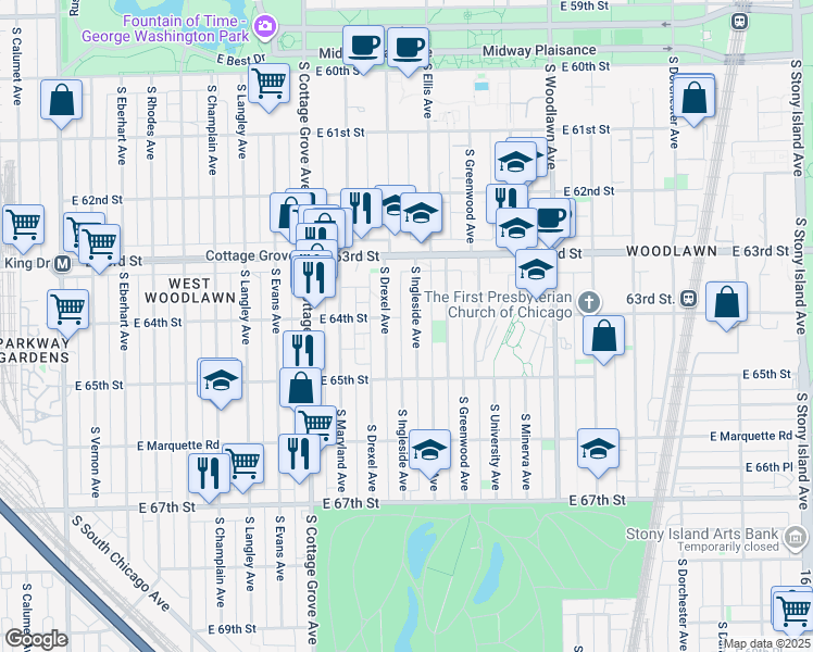 map of restaurants, bars, coffee shops, grocery stores, and more near 6421 South Ingleside Avenue in Chicago