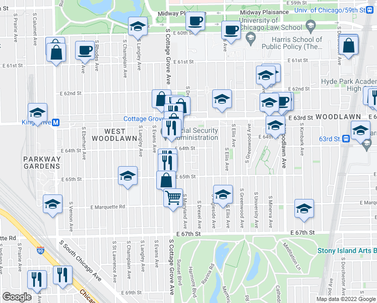 map of restaurants, bars, coffee shops, grocery stores, and more near 6452 South Maryland Avenue in Chicago