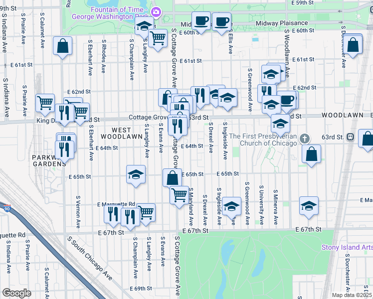 map of restaurants, bars, coffee shops, grocery stores, and more near 6452 South Maryland Avenue in Chicago