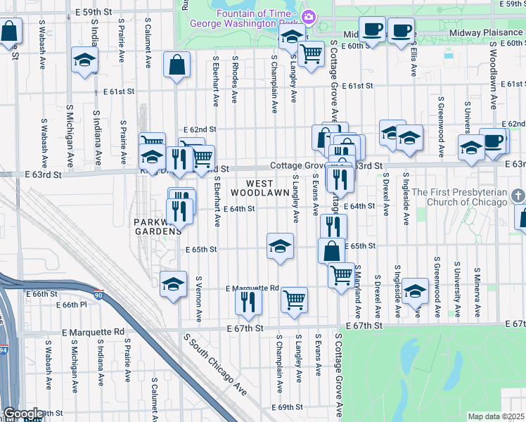 map of restaurants, bars, coffee shops, grocery stores, and more near 6417 South Saint Lawrence Avenue in Chicago