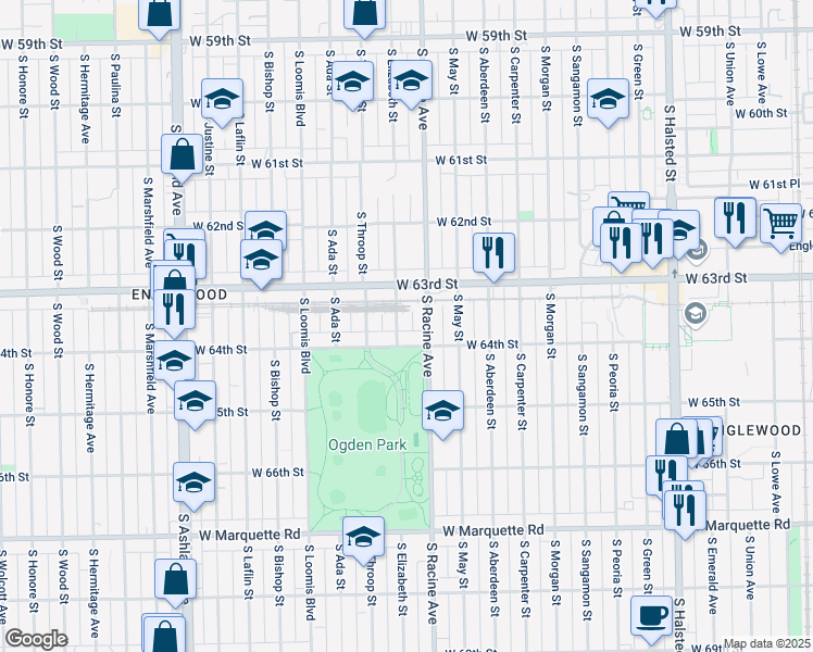 map of restaurants, bars, coffee shops, grocery stores, and more near 6349 South Elizabeth Street in Chicago