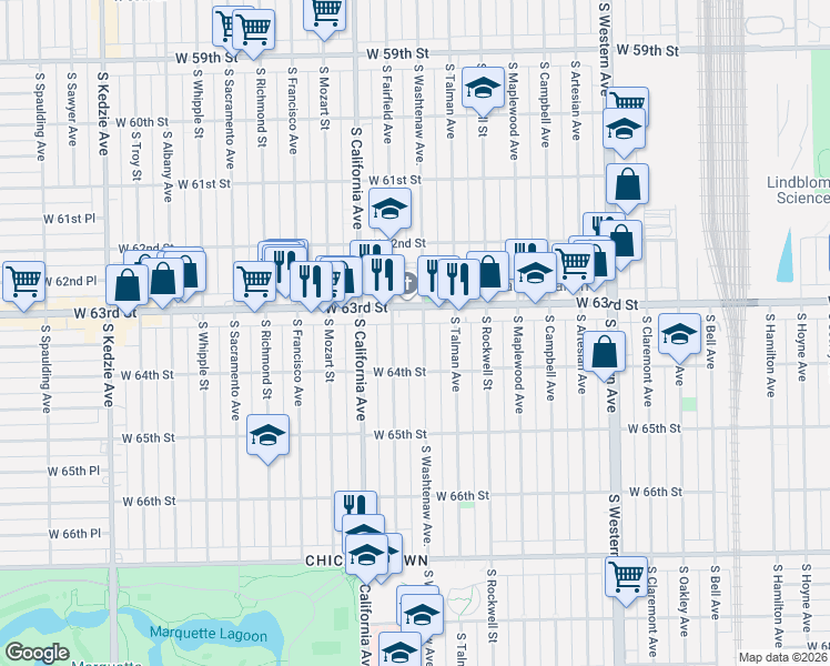 map of restaurants, bars, coffee shops, grocery stores, and more near 6334 South Washtenaw Avenue in Chicago
