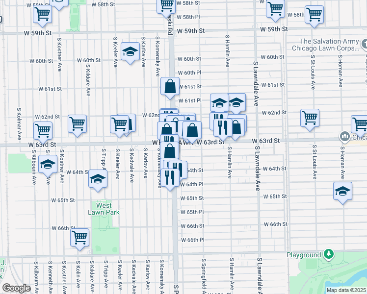 map of restaurants, bars, coffee shops, grocery stores, and more near 3928 West 63rd Place in Chicago