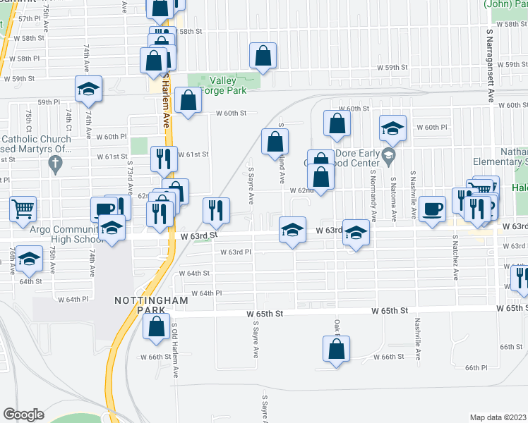 map of restaurants, bars, coffee shops, grocery stores, and more near 6245 South Newland Avenue in Chicago