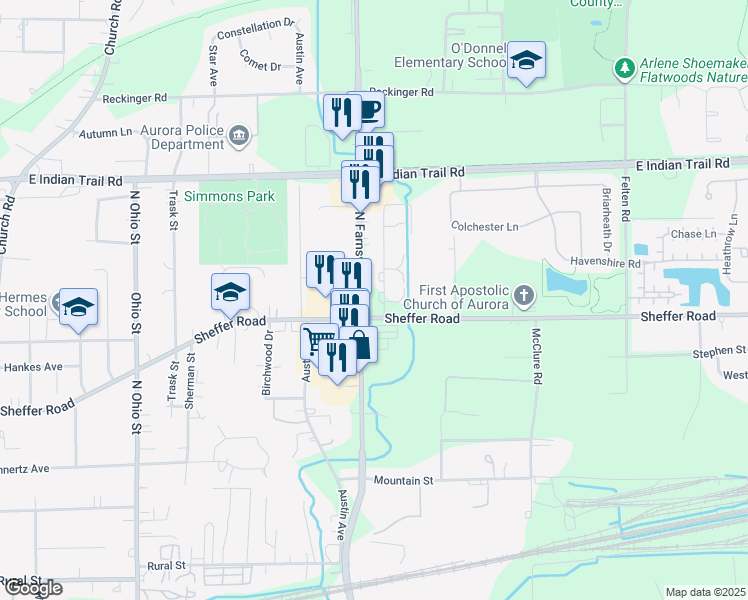 map of restaurants, bars, coffee shops, grocery stores, and more near 969 North Farnsworth Avenue in Aurora