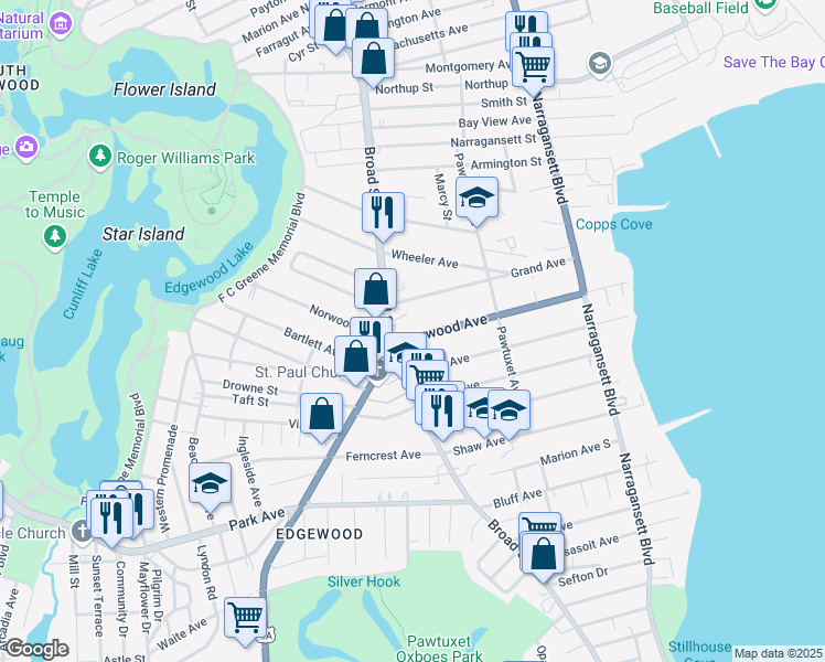 map of restaurants, bars, coffee shops, grocery stores, and more near 205 Norwood Avenue in Cranston