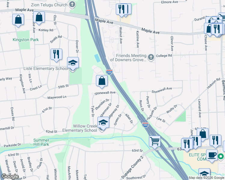 map of restaurants, bars, coffee shops, grocery stores, and more near 5919 Sherman Drive in Woodridge